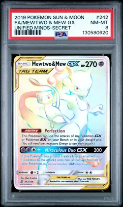 2019 POKEMON SUN & MOON UNIFIED MINDS SECRET #242 FULL ART/MEWTWO & MEW GX PSA 8 - Image 1