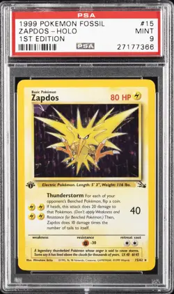 1999 POKEMON FOSSIL 1ST ED #15 ZAPDOS-HOLO PSA 9 - Image 1