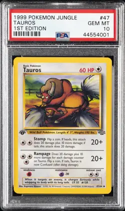 1999 POKEMON JUNGLE 1ST ED #47 TAUROS PSA 10 - Image 1