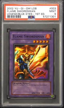 2002 YU-GI-OH! LOB-LEGEND OF BLUE EYES WHITE DRAGON 1ST ED FLAME SWORDSMAN PSA 9 - Image 1