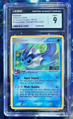 CGC 9 INVERTED HOLO ERROR Vaporeon #19 Unseen Forces Reverse Holo Pokemon 2005 - Image 1