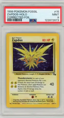 1999 POKEMON FOSSIL CORRECTED FOIL #15 ZAPDOS-HOLO PSA 9 - Image 1