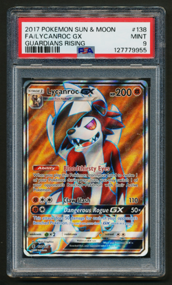 Lycanroc GX 138/145 Full Art Ultra Rare Holo Pokemon 2017 Guardians Rising PSA 9 - Image 1