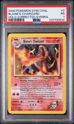 PSA 1 Blaine's Charizard 2/132 Gym Challenge 2000 Holo CORRECTED SYMBOL Pokemon - Image 1