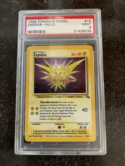 1999 Pokemon Fossil Zapdos #15 Corrected Foil Unlimited Holo PSA 9 Mint - 5441 - Image 1