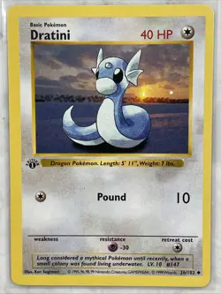 Pokemon Dratini 26/102 Base Set, Shadowless, 1st Edition NM - Image 1