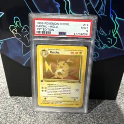 1999 POKEMON FOSSIL 1ST ED #14 RAICHU-HOLO PSA 9 - Image 1