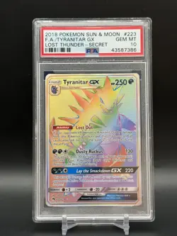 2018 Pokemon Sun Moon Lost Thunder Tyranitar GX Full Art Rainbow #223/214 PSA 10 - Image 1