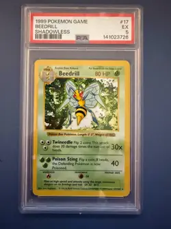 Vintage shadowless base-set Beedrill (17/102) Pokemon card - PSA graded EX 5 - Image 1