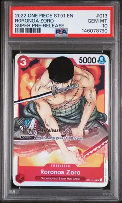 One Piece CCG Roronoa Zoro Super Pre-Release ST01-013 PSA 10 Gem Mint - Image 1