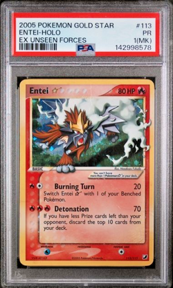 SWIRL PSA 1 MK 2005 Pokemon EX Unseen Forces Entei GOLD STAR Holo Foil 113/115 - Image 1