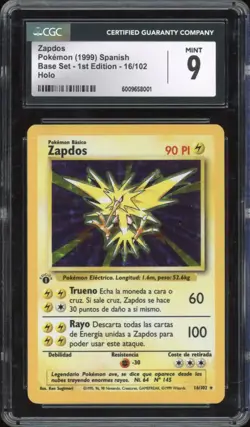 1999 Pokemon SPANISH 1st Edition Base Set Zapdos Holo 16/102 CGC 9 MINT - Image 1