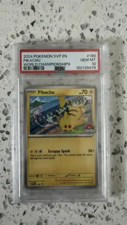 2024 POKEMON SVP EN-SV BLACK STAR PROMO #190 PIKACHU WORLD CHAMPIONSHIPS PSA 10 - Image 1