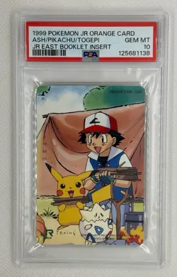 1999 POKEMON JR ORANGE CARD ASH/PIKACHU/TOGEPI JR EAST BOOKLET INSERT PSA 10 - Image 1