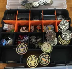 Pokemon TCG lot of Official Coins Jumbo and Standard Also Pins And Dice LG Lot - Image 1
