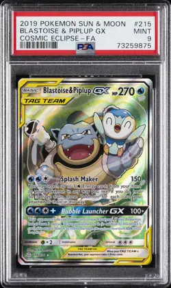 2019 POKEMON SUN & MOON COSMIC ECLIPSE #215 FULL ART/BLASTOISE & PIPLUP GX PSA 9 - Image 1