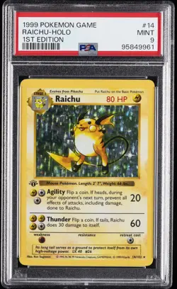 1999 POKEMON BASE SET 1ST EDITION #14 RAICHU-HOLO PSA 9 - Image 1
