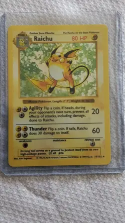 Pokemon Shadowless Raichu Base Set Card 14/102, 1999English Rare Vintage - Image 1