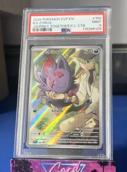 2025 POKEMON JOURNEY TOGETHER POKEMON CENTER ETB PROMO #189 N'S ZORUA PSA 9 - Image 1