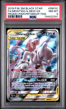2019 POKEMON SM BLACK STAR PROMO #SM191 FULL ART/MEWTWO & MEW GX PSA 8 - Image 1