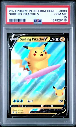 2021 POKEMON CELEBRATIONS #008 SURFING PIKACHU V PSA 10 - Image 1