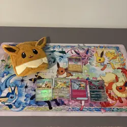 Pokemon TCG Prismatic Eevee Collection Pouch w/ 5 Card Lot & Bonus Playing Mat - Image 1