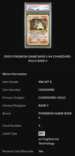 2000 Pokemon CHARIZARD Base II HOLO #4/130- PSA 8 NM-MT - Image 3