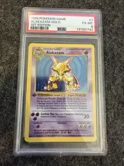 1999 Pokemon Base Set 1st Edition Shadowless Holo Alakazam PSA 6 - Image 1