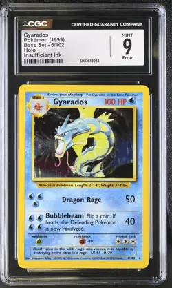 CGC 9 Insufficient Ink ERROR Gyarados 1999 Base Set 6/102 Holo Pokemon Card - Image 1