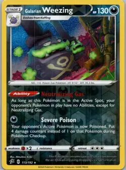 Pokemon Galarian Weezing SWSH02: Rebel Clash 113/192 Near Mint NM Reverse Holo - Image 1