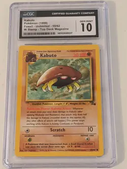 1999 Pokemon Kabuto Fossil Unlimited 50/62 W Stamp Top Deck CGC 10 Gem Mint - Image 1