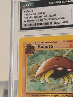 1999 Pokemon Kabuto Fossil Unlimited 50/62 W Stamp Top Deck CGC 10 Gem Mint - Image 2