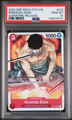 One Piece CCG Roronoa Zoro Super Pre-Release ST01-013 PSA 10 Gem Mint - Image 1