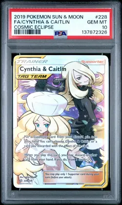 2019 POKEMON SUN & MOON COSMIC ECLIPSE #228 FULL ART/CYNTHIA & CAITLIN PSA 10 - Image 1