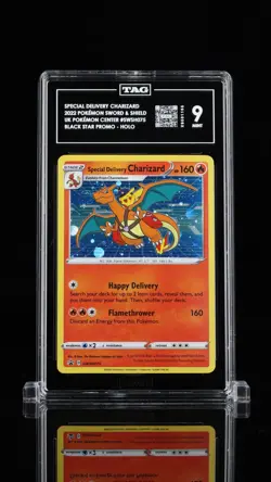 2022 Pokemon SWSH UK Pokemon Center BSP Holo Special Delivery Charizard TAG 9 . - Image 1
