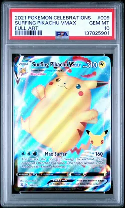 2021 POKEMON CELEBRATIONS #009 FULL ART/SURFING PIKACHU VMAX PSA 10 - Image 1