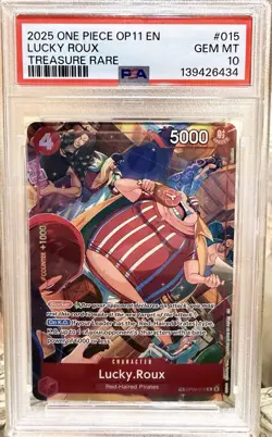 2025 ONE PIECE OP11-A FIST OF DIVINE SPEED #015 LUCKY ROUX TREASURE RARE PSA 10 - Image 5