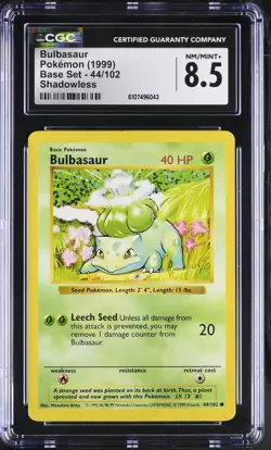 Pokemon English Bulbasaur 44/102 1999 Base Set (Shadowless) CGC 8.5 not PSA - Image 1