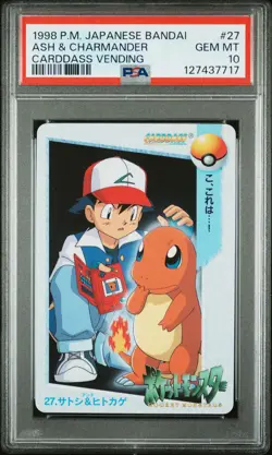1998 POKEMON JPN BANDAI CARDDASS VENDING #27 ASH & CHARMANDER PSA 10 - Image 1
