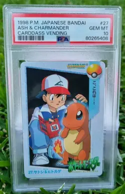 PSA 10 Ash & Charmander #27 Pokemon Bandai Anime Carddass Vending Card - Image 1