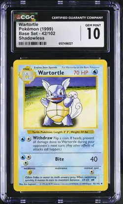 Pokemon English Wartortle 42/102 1999 Base Set (Shadowless) CGC 10 not PSA - Image 1