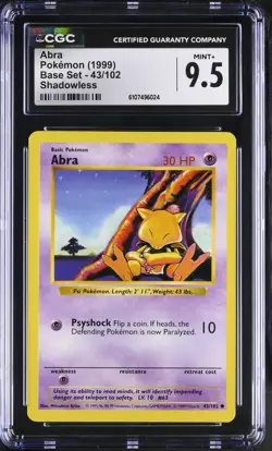Pokemon English Abra 43/102 1999 Base Set Shadowless Common CGC 9.5 not PSA - Image 1