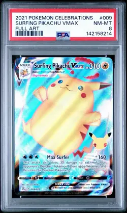 2021 POKEMON CELEBRATIONS #009 FULL ART/SURFING PIKACHU VMAX PSA 8 - Image 1