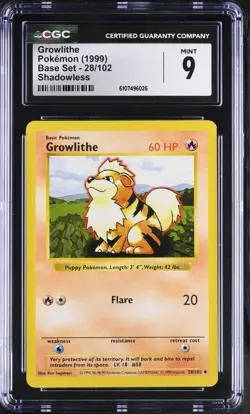 Pokemon English Growlithe 28/102 1999 Base Set (Shadowless) CGC 9 not PSA - Image 1