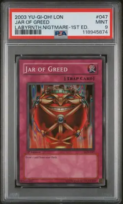 2003 YU-GI-OH! LON-LABYRINTH OF NIGHTMARE 1ST ED #047 JAR OF GREED PSA 9 - Image 1