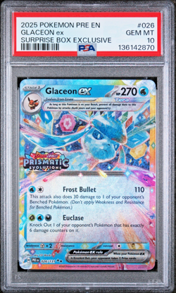 PSA 10!!! Pokemon Prismatic Evolutions Glaceon ex 026/131 Surprise Box Stamped - Image 1