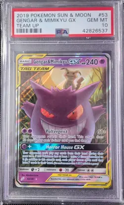 2019 Pokemon Sun & Moon Gengar & Mimikyu GX #53 PSA 10 Gem Mint Team Up - Image 1