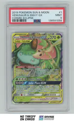 2019 Pokemon Sun & Moon Cosmic Eclipse Holo Venusaur & Snivy GX Tag Team PSA 9 - Image 1