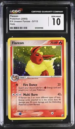 CGC 10 GEM MINT Flareon 2005 EX Unseen Forces 5/115 Holo Pokemon Card - Image 1