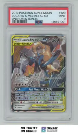2019 Pokemon Sun & Moon Unbroken Bonds Holo Lucario & Melmetal GX Tag Team PSA 9 - Image 1